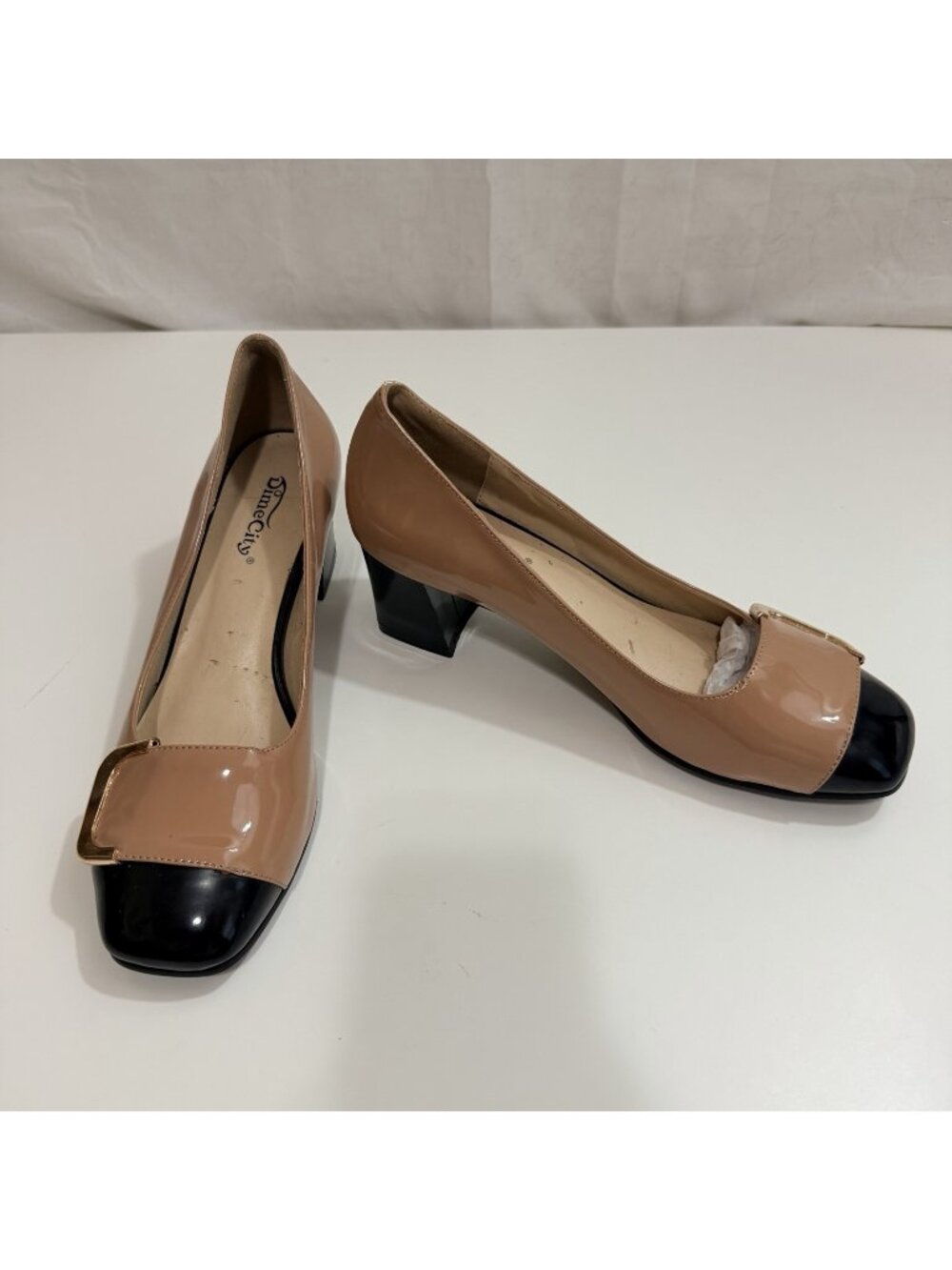 Dime City Square Toe Buckle Pumps Chunky Heel Two Tone Colors Slip on Nude 9